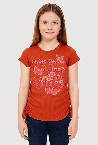 Girls 3D Butterfly Rhinestone Graphic Top, Orange, Size 7-8
