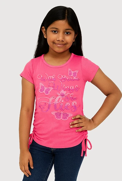 Girls 3D Butterfly Rhinestone Graphic Top, Pink, Size 14-16