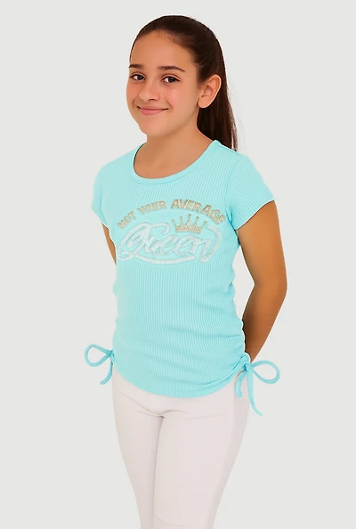 Girls 3D Rhinestone Queen Graphic Top, Blue, Size 7-8