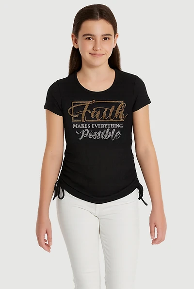 Girls 3D Rhinestone Faith Graphic Tee, Black, Size 10-12