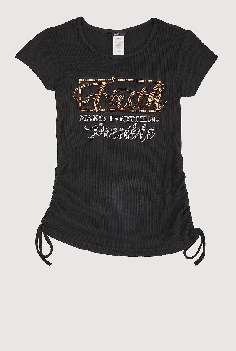 Girls 3D Rhinestone Faith Graphic Tee, Black, Size 10-12