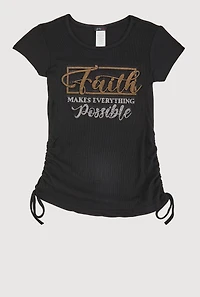 Girls 3D Rhinestone Faith Graphic Tee, Black, Size 10-12
