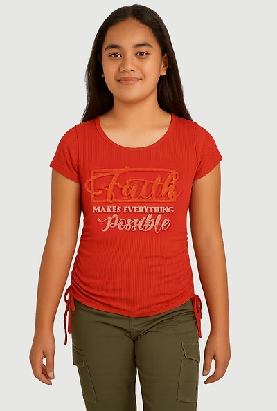 Girls 3D Rhinestone Faith Graphic Tee, Orange, Size 10-12