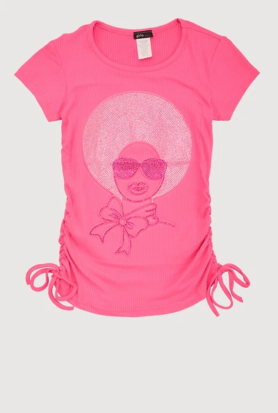 Girls 3D Rhinestone Graphic Short Sleeve Tee, Pink,