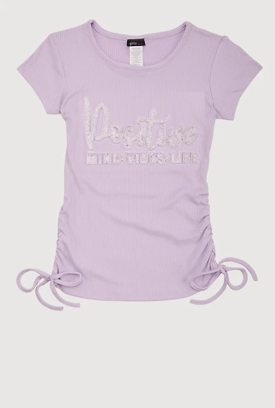 Girls 3D Rhinestone Positive Graphic Top, Purple, Size 7-8