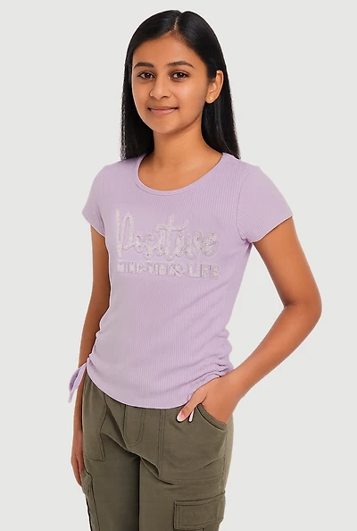 Girls 3D Rhinestone Positive Graphic Top, Purple, Size 7-8