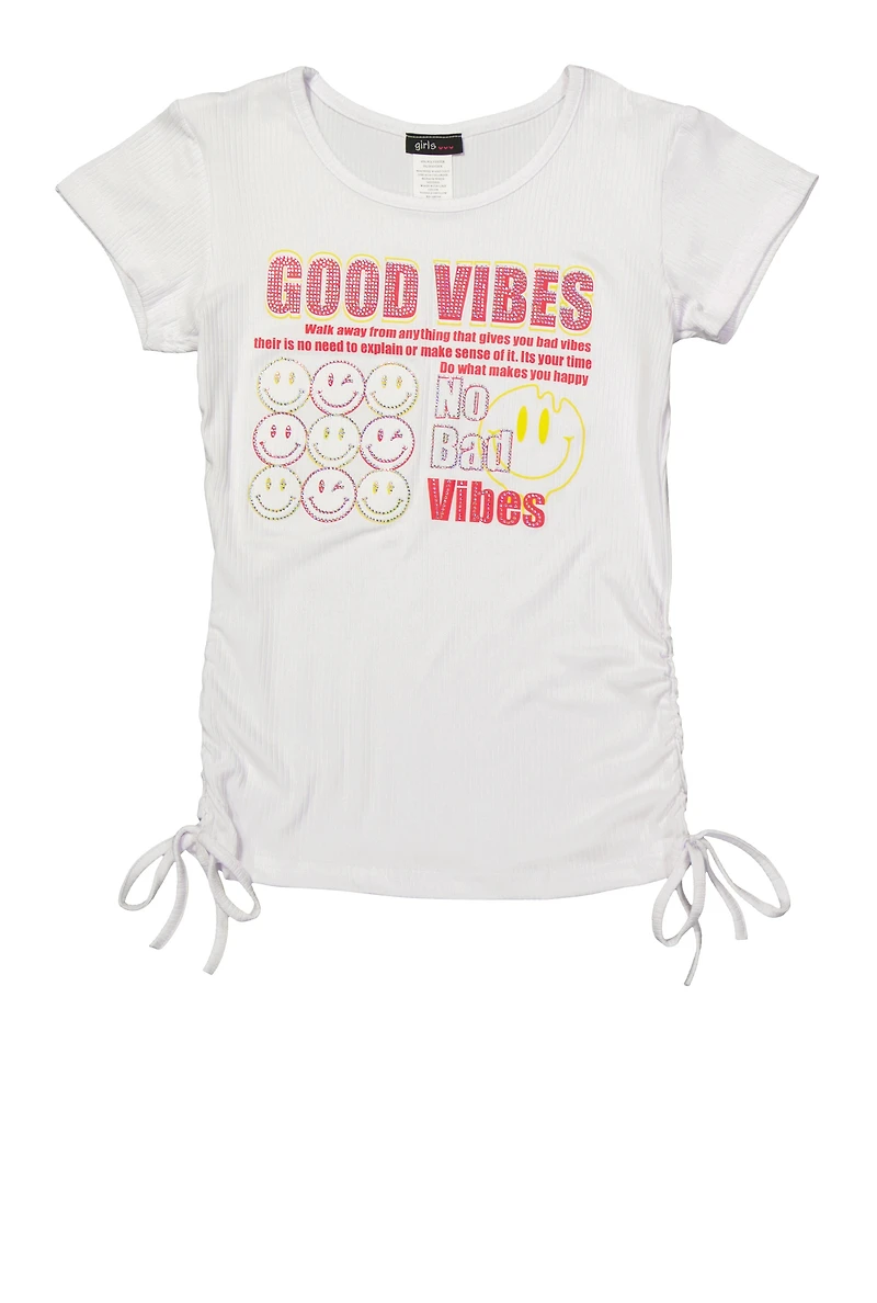 Girls Good Vibes Smiley Face Graphic Top, White, Size 7-8