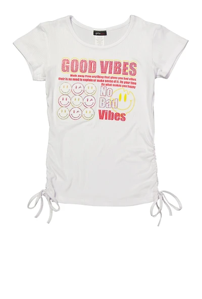 Girls Good Vibes Smiley Face Graphic Top, White, Size 7-8