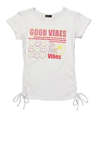 Girls Good Vibes Smiley Face Graphic Top, White, Size 7-8