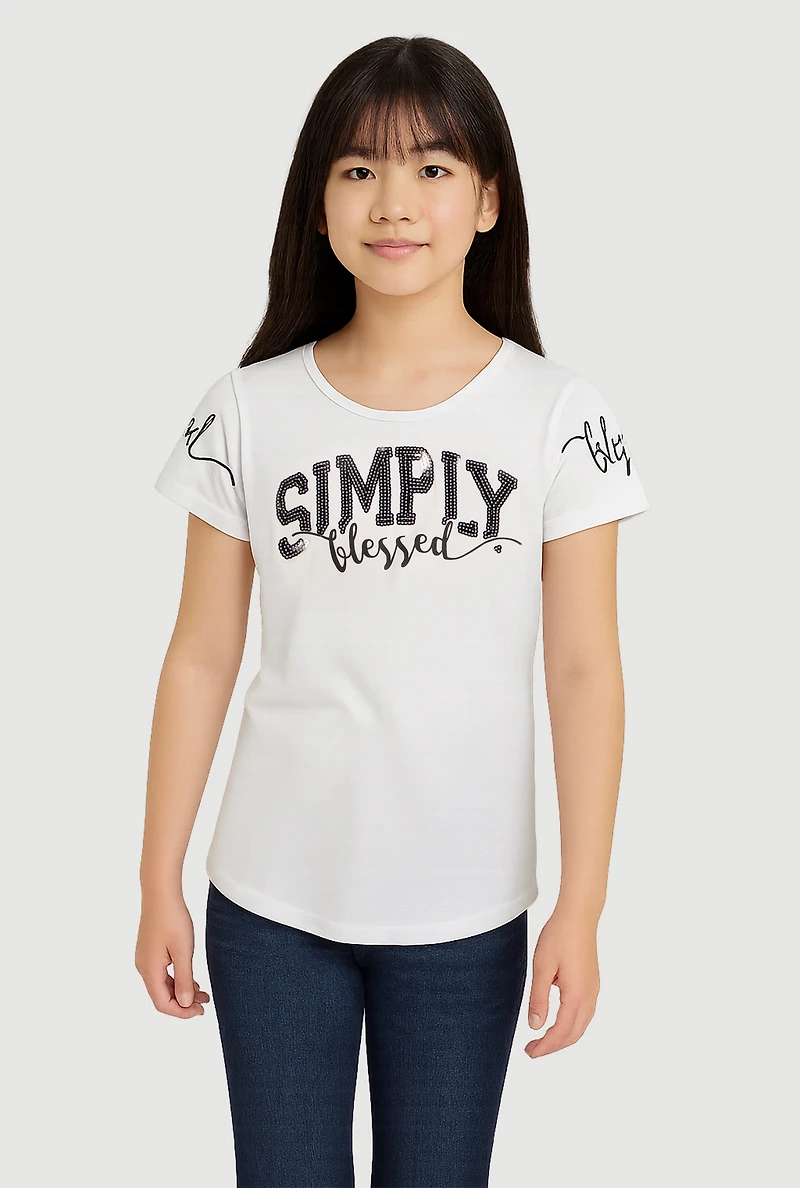 Girls Sequin Simply Blessed Tee, White, Size 10-12
