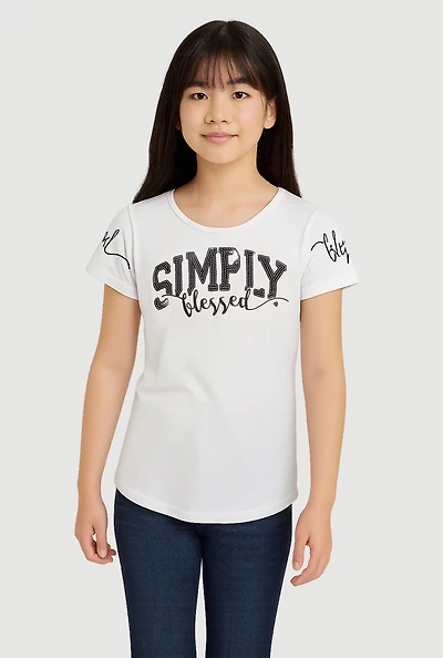Girls Sequin Simply Blessed Tee, White, Size 10-12