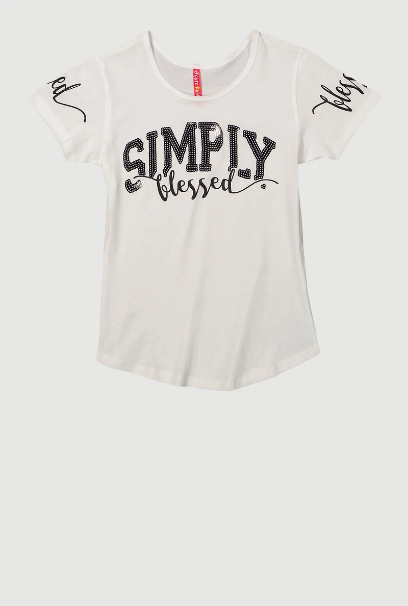 Girls Sequin Simply Blessed Tee, White, Size 10-12