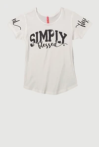Girls Sequin Simply Blessed Tee, White, Size 10-12