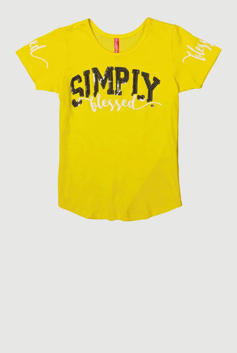 Girls Sequin Simply Blessed Tee, Yellow,