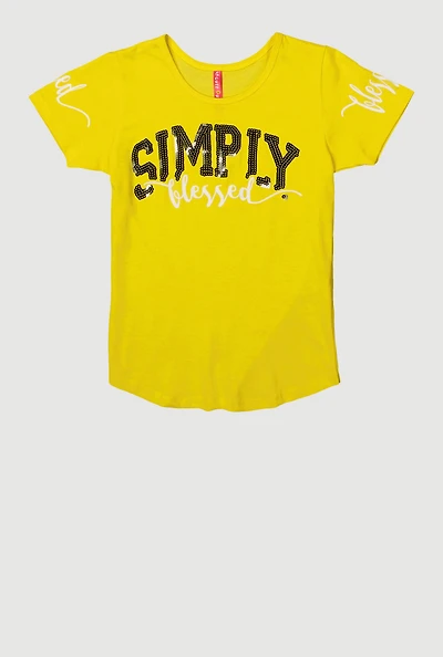 Girls Sequin Simply Blessed Tee, Yellow,