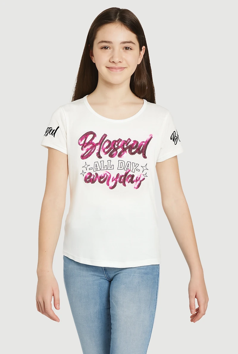 Girls Sequin Blessed All Day Everyday Graphic Tee