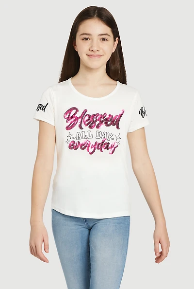 Girls Sequin Blessed All Day Everyday Graphic Tee