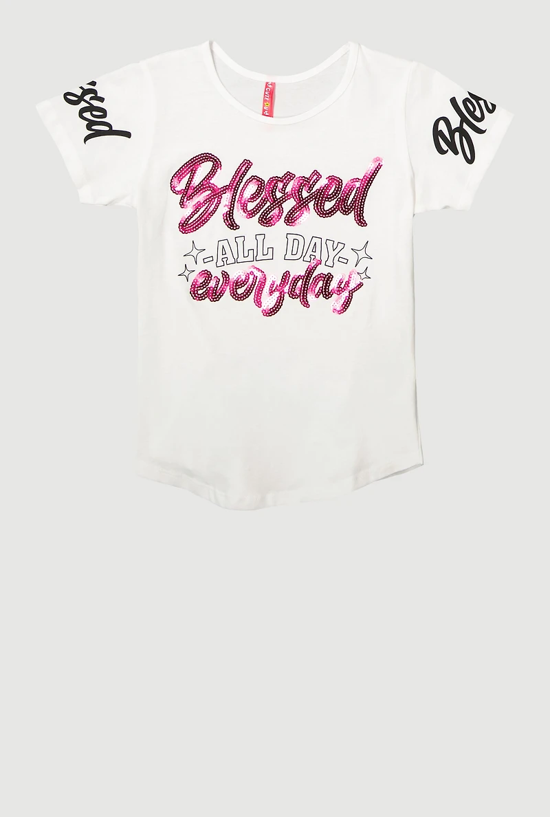 Girls Sequin Blessed All Day Everyday Graphic Tee, White, Size 10-12