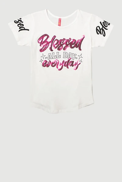 Girls Sequin Blessed All Day Everyday Graphic Tee, White, Size 10-12