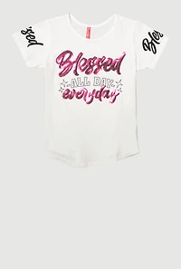 Girls Sequin Blessed All Day Everyday Graphic Tee, White, Size 10-12