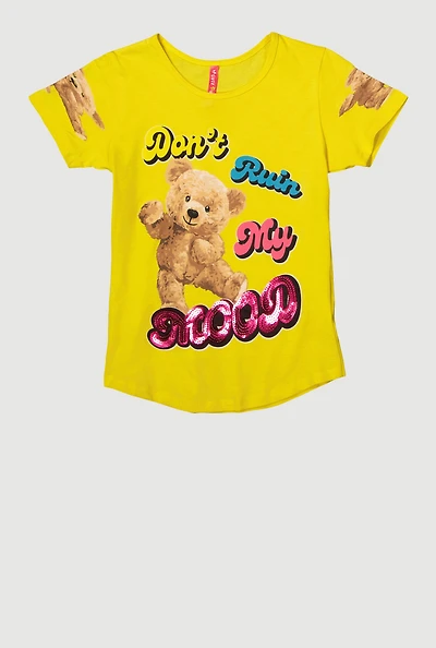 Girls Sequin Dont Ruin My Mood Graphic Tee, Yellow,