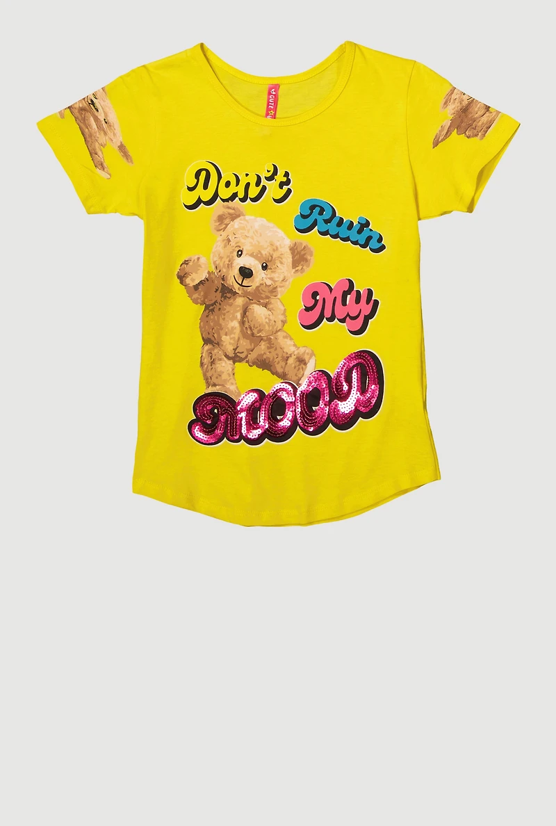 Girls Sequin Dont Ruin My Mood Graphic Tee, Yellow, Size 7-8