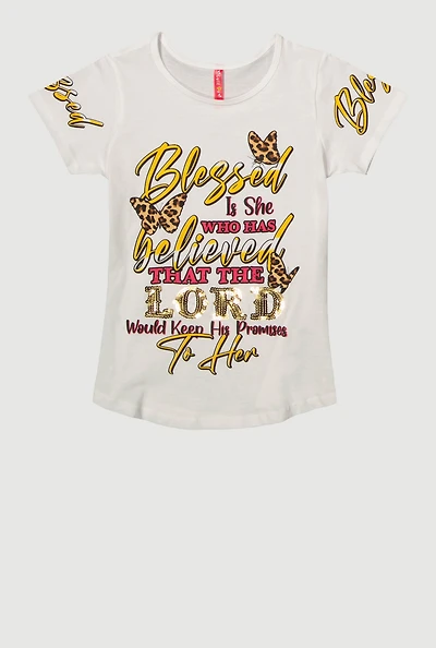 Girls Sequin Blessed Is She Graphic Tee