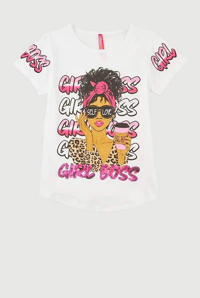 Girls Sequin Girl Boss Graphic Tee, White, Size 7-8