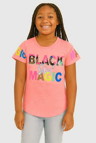 Girls Sequin Black Girl Magic Tee, Pink, Size 7-8