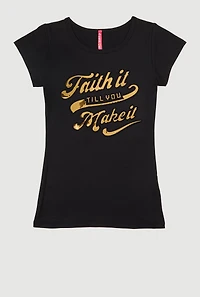 Girls Faith It 3D Foil Graphic Top,