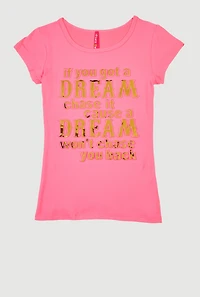 Girls 3D Embossed Dream Graphic Tee, Pink, Size 7-8