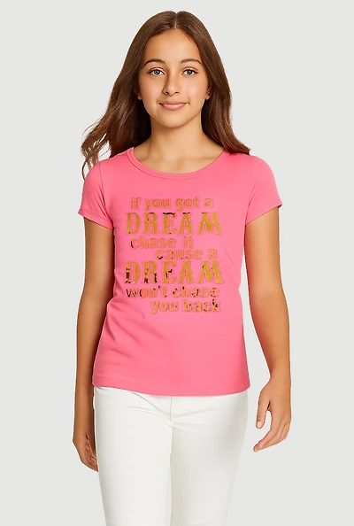 Girls 3D Embossed Dream Graphic Tee, Pink, Size 7-8
