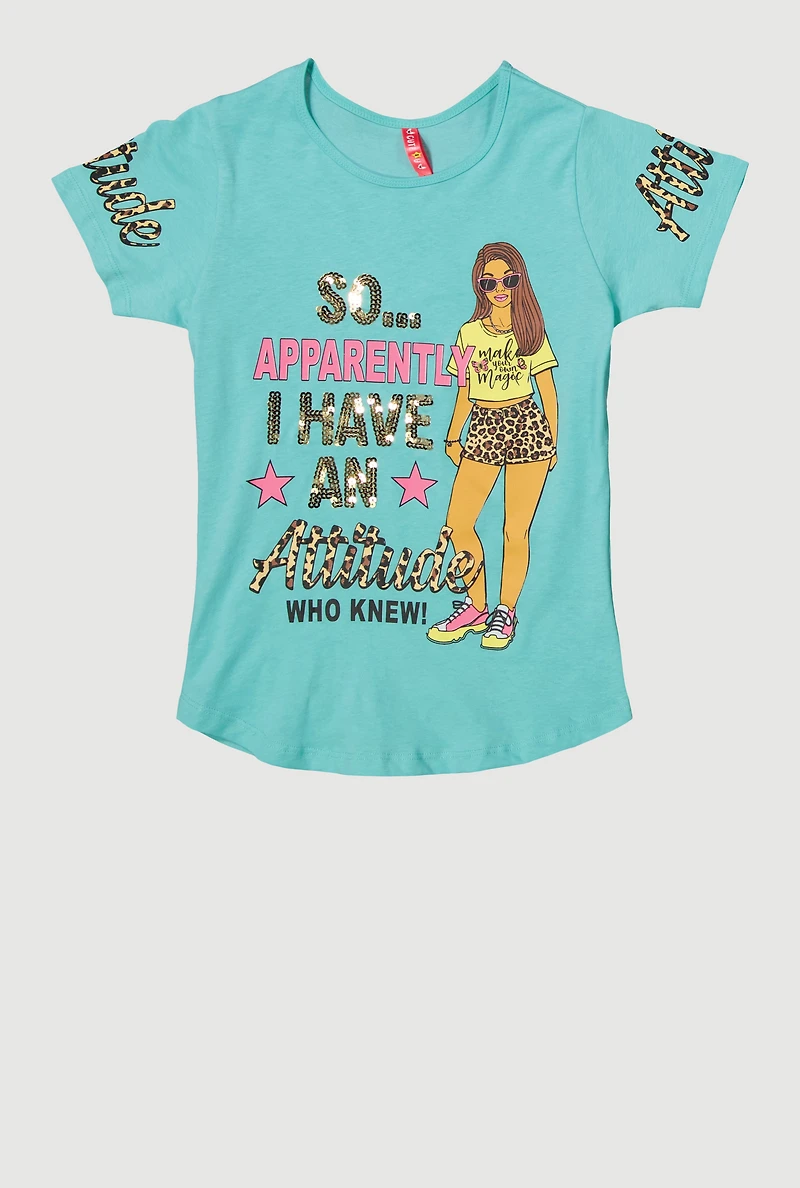 Girls Sequin Attitude Graphic Tee, 7-8