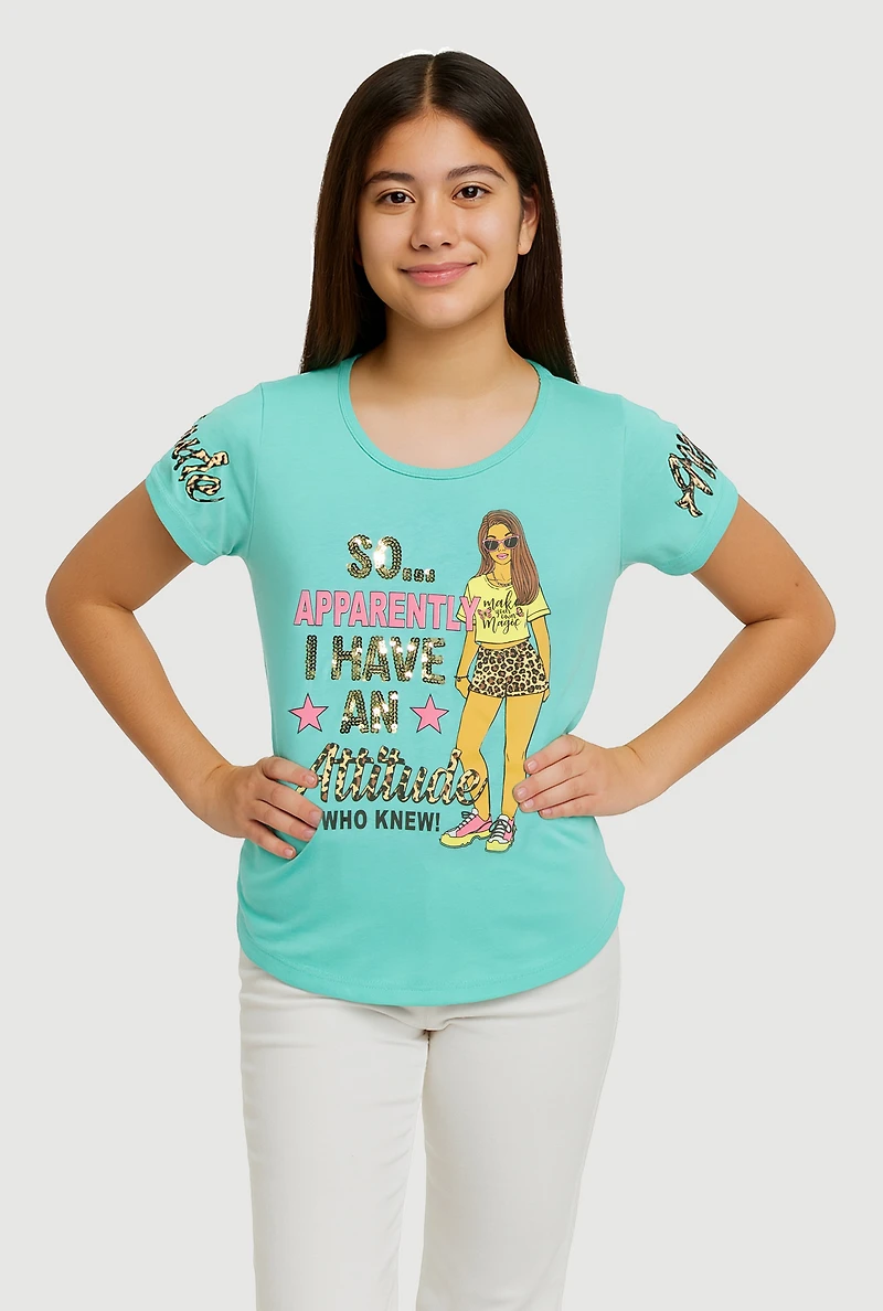 Girls Sequin Attitude Graphic Tee,