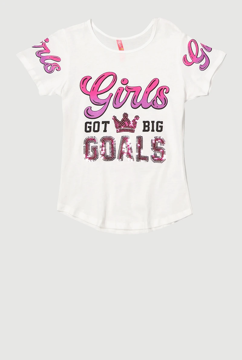 Girls Sequin GOALS Graphic Tee, White, Size 10-12