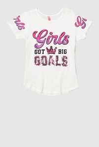 Girls Sequin GOALS Graphic Tee, White, Size 10-12