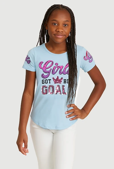 Girls Sequin GOALS Graphic Tee, Blue, Size 7-8