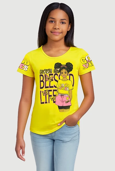 Girls Sequin Living My Blessed Life Graphic Tee, Yellow, Size 7-8