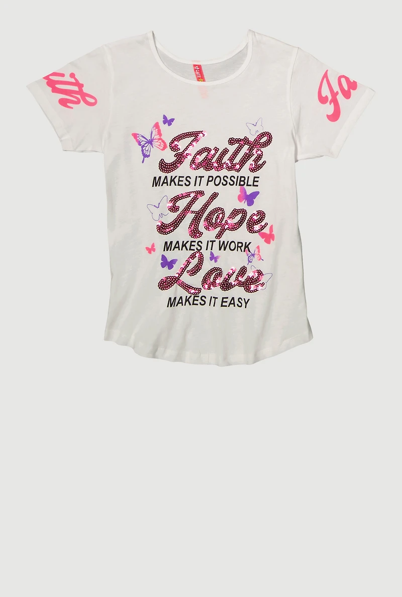 Girls Sequin Faith Hope Love Graphic Tee, White, Size 10-12