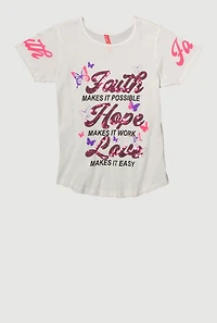 Girls Sequin Faith Hope Love Graphic Tee, White, Size 10-12