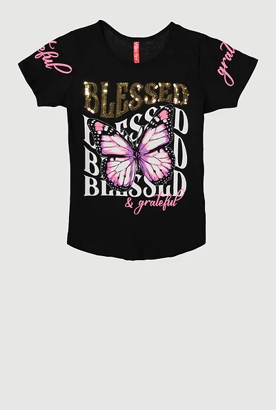 Girls Sequin Blessed And Grateful Butterfly Tee, Black, Size 14-16