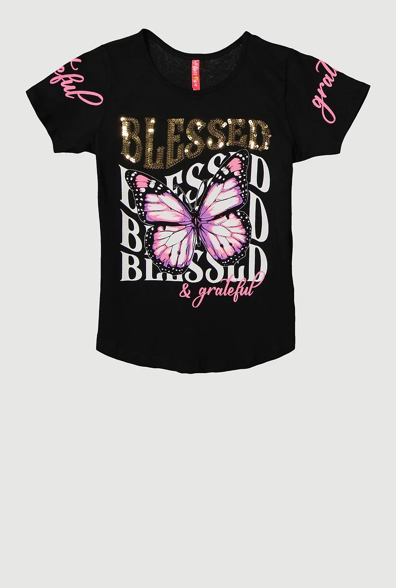 Girls Sequin Blessed And Grateful Butterfly Tee, Black, Size 7-8