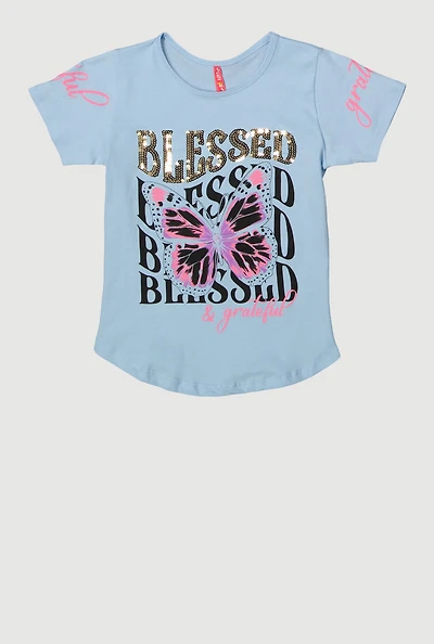 Girls Sequin Blessed And Grateful Butterfly Tee, 10-12