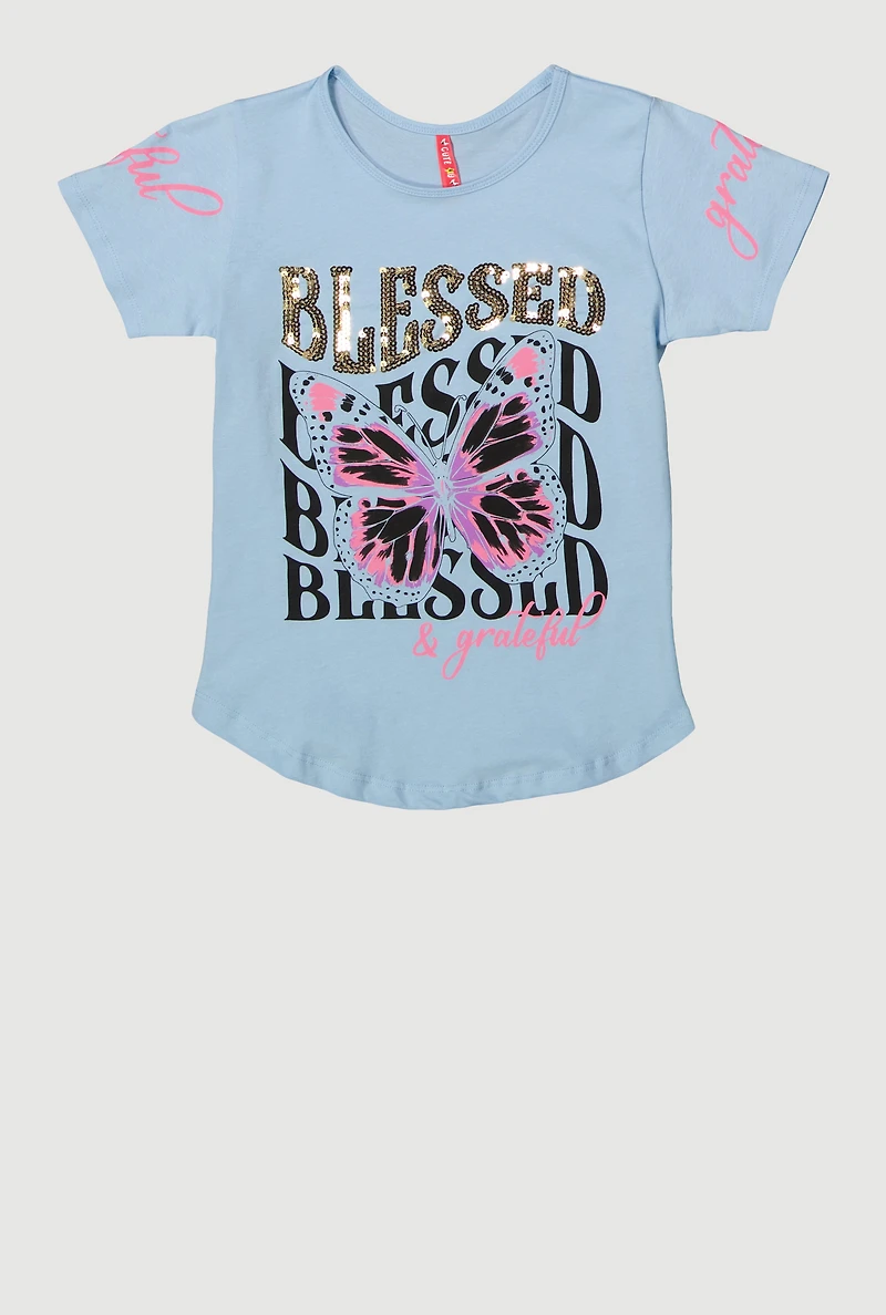 Girls Sequin Blessed And Grateful Butterfly Tee