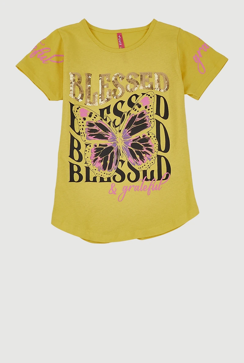 Girls Sequin Blessed And Grateful Butterfly Tee, Yellow, Size 14-16