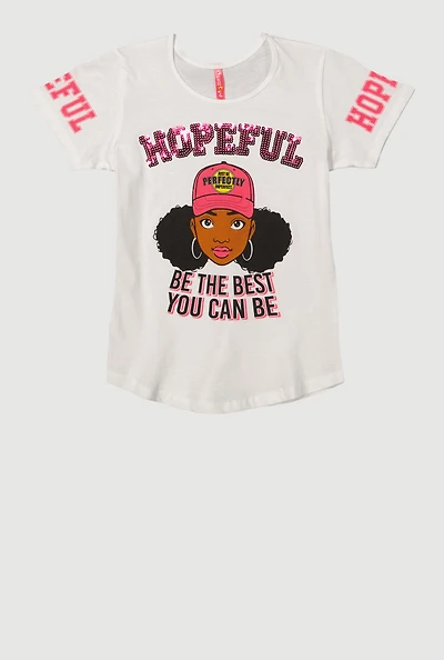 Girls Sequin Hopeful Graphic Tee, White, Size 7-8