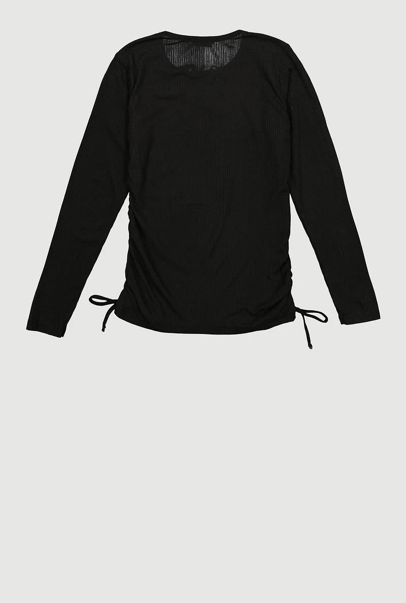 Girls Rhinestone Notch Neck Rib Knit Top,