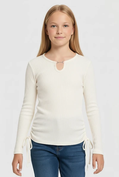 Girls Rhinestone Notch Neck Rib Knit Top