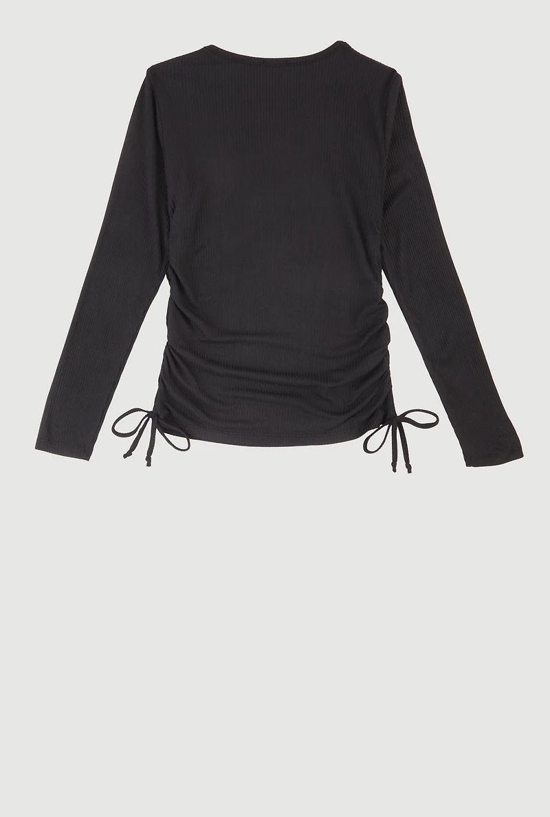 Girls Rhinestone Bow Keyhole Detail Ribbed Knit Tee