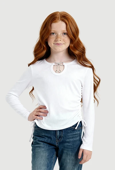 Girls Rhinestone Bow Keyhole Detail Ribbed Knit Tee